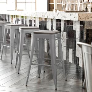 31 in. Silver/Gray Metal Outdoor Bar Stool