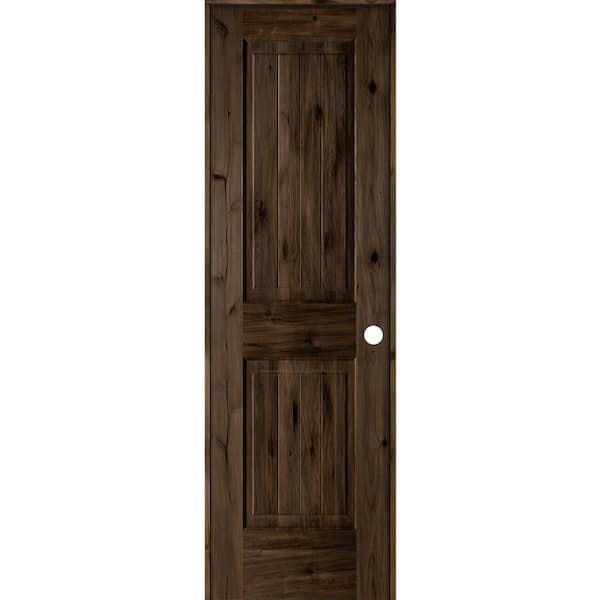 Krosswood Doors 24 in. x 80 in. Knotty Alder 2 Panel Left-Hand Square Top V-Groove Black Stain Solid Wood Single Prehung Interior Door