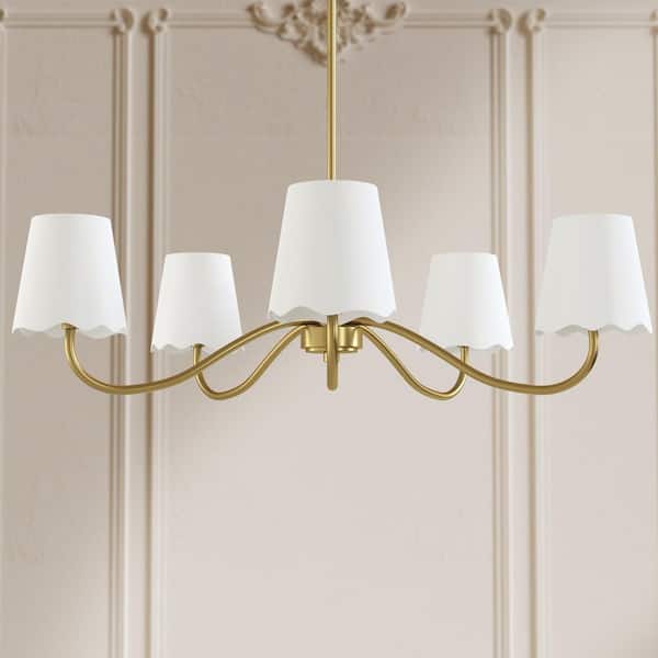 5-Light 31.9 in. Brass Modern Shaded Dimmable Chandeliers Dining Kitchen Ceiling Lights Foyer Bedroom Lighting