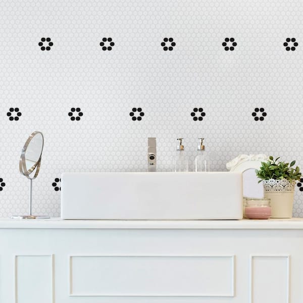 Metro Penny Matte White with Black Flower 9-3/4 in. x 11-1/2 in. Porcelain Mosaic Tile (8.0 sq. ft./Case)