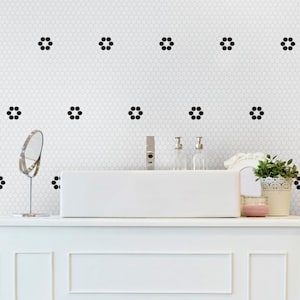 Metro Penny Matte White with Black Flower 6 in. x 6 in. Porcelain Mosaic Take Home Tile Sample