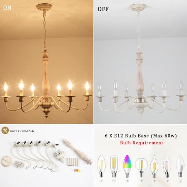LWYTJO 6-Light Vintage Beige Farmhouse Wood Candle Chandelier