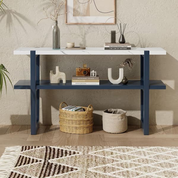 Qualler 54 in. Navy Rectangle MDF Console Table with Storage Shelf and Marble-Effect Top