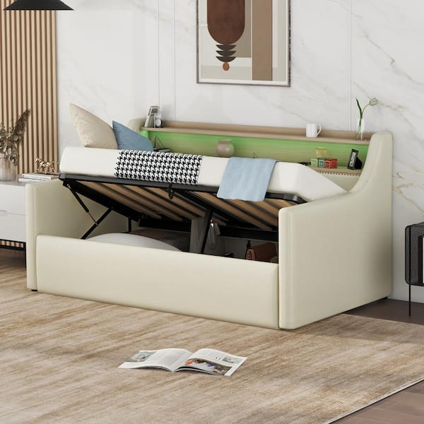 Harper & Bright Designs Beige Twin Size PU Upholstered Daybed with Hydraulic Lift Up Storage, USB Charging, LED Lights, Shelves, Nailhead Trim