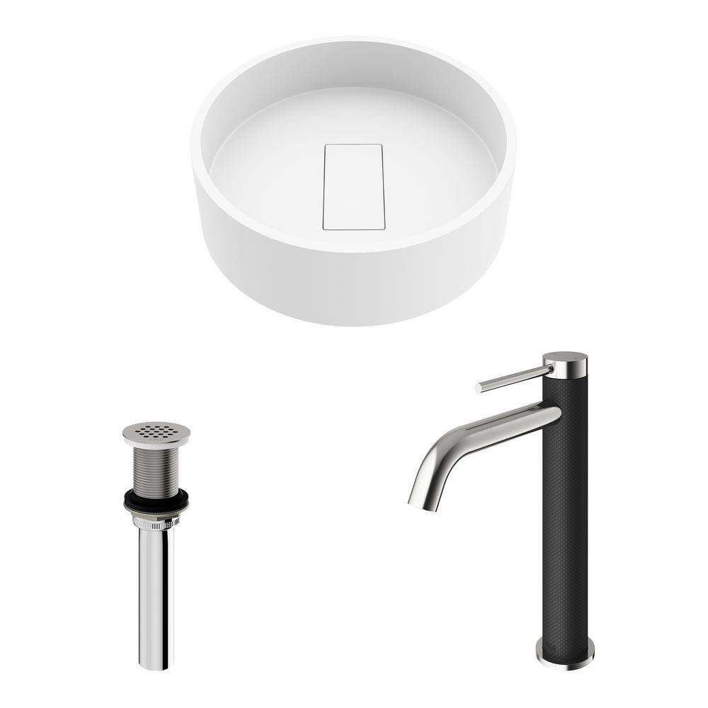 Bryant 15" Round White Matte Stone Vessel Sink with Faucet