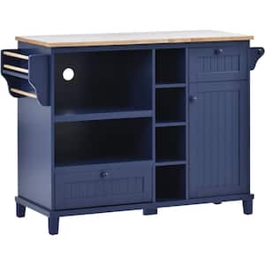Dark Blue Kitchen Island on 5-Wheels with Storage Cabinet and Microwave Cabinet Solid Wood Desktop