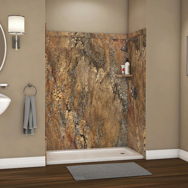 FlexStone Adaptable 60 in. x 60 in. x 80 in. 9-Piece Easy Up Adhesive Alcove Shower Surround in Crema Bordeaux