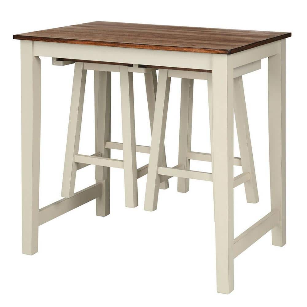 3-Piece Beige Bar Table Set Counter Pub Table with 2-Stool Chairs