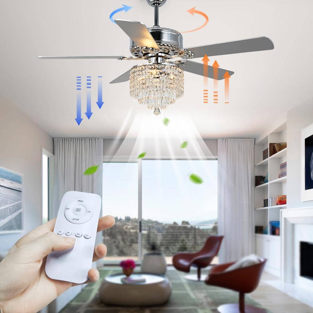 52" Silver Crystal Chandelier Ceiling Fan with Remote and Light Kit