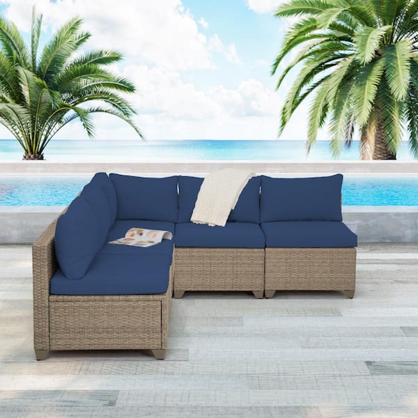TK CLASSICS Maui 5-Piece Wicker Patio Conversation Set with Cobalt Cushions