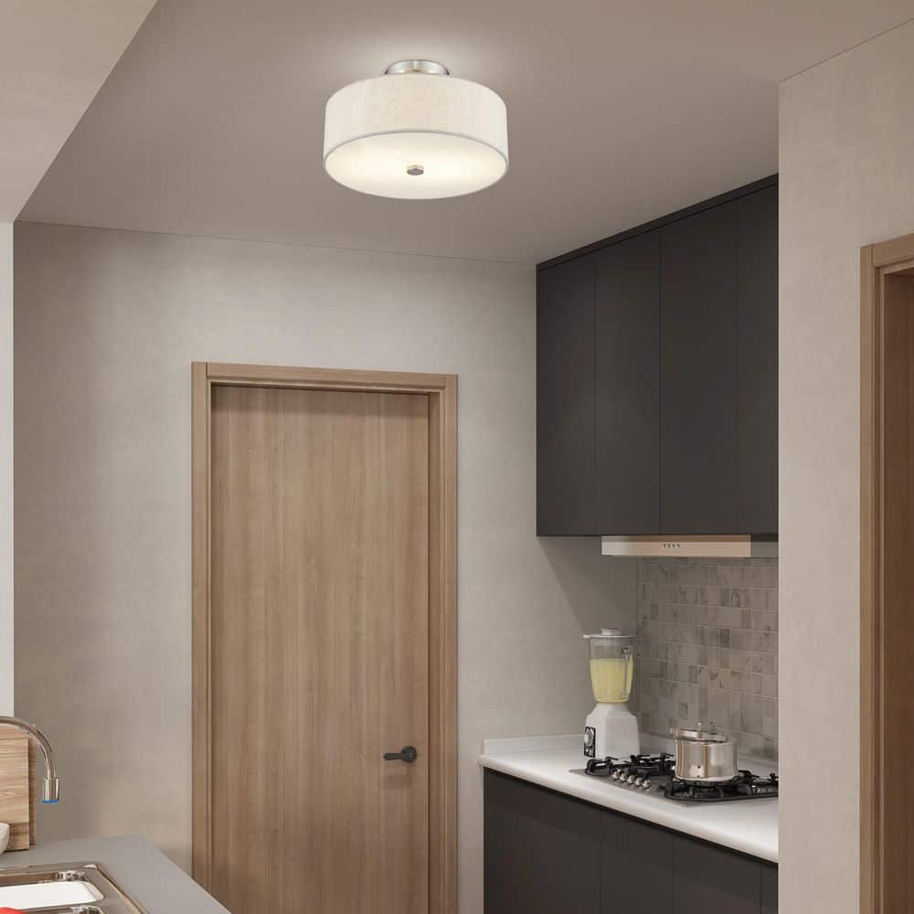 Elegant Meridian Brushed Nickel Drum Ceiling Light with Oatmeal Fabric Shade