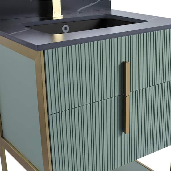 FINE FIXTURES 24 in. W x 18 in. D x 33.5 in. H Bath Vanity in Mint Green with Black Marble Top in White with Satin Brass Hardware