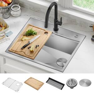 Kore 25 in. Drop-In Single Bowl 16 Gauge Stainless Steel Kitchen Workstation Bar Sink with Accessories