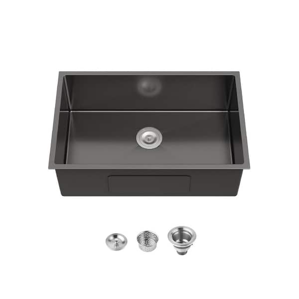 30 in. Undermount Single Bowl 18-Gauge Black Stainless Steel Kitchen Workstation Sink with Drain and Sound Dampening