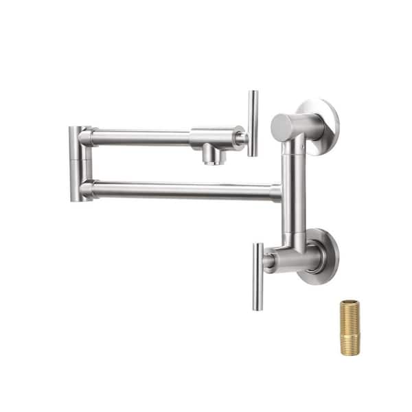 VEVETTA Wall Mounted Pot Filler 2-Handles Kitchen Faucet with 360° Spout Swivel in Brushed Nickel