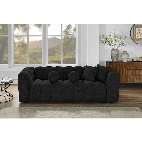Nate 34 in W. Straight Arm Boucle Fabric Upholstery Rectangle Sofa in Black Color