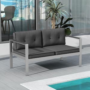 Aluminum Outdoor Loveseat Sofa Patio Chair with WPC Armrests and Cushions Backyard and Gray Cushion