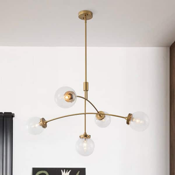 Y'INSP 5 Light Brushed Gold Mid-Century Sputnik Chandeliers Fixture for Kitchen Island with Glass Globe Shade, No Bulb Included