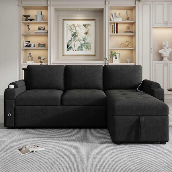 83.5 in. Square Arm Chenille Sectional Sofa with Ample Storage Space, 2 Cup Holders and 2 USB Ports in. Black