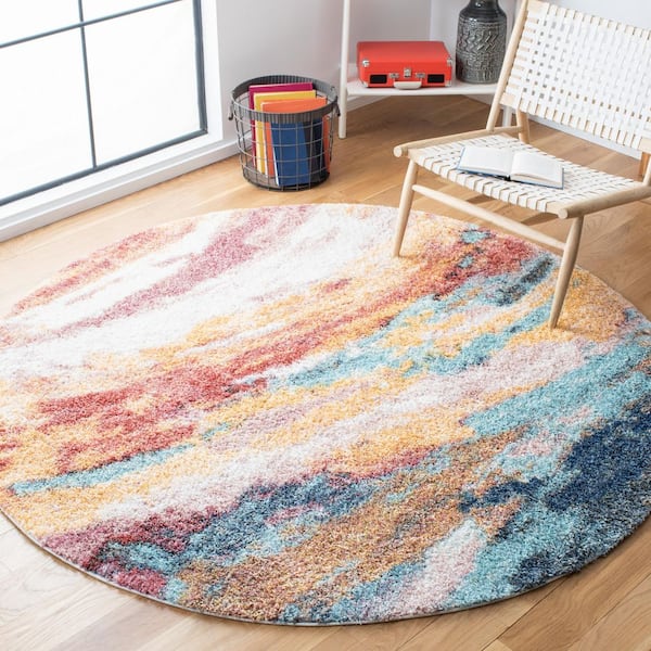 Calista 3 ft. x 3 ft. Gold/Aqua Abstract Multicolor Round Area Rug