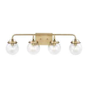 Bryce 30 in. 4-Light Satin Brass Modern Industrial Bathroom Vanity Light with Clear Round Globe Glass Shades