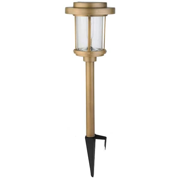 Hampton Bay Brookhaven Aged Gold Solar LED Weather Resistant Path Light 20 Lumens, Seedy Glass Lens Vintage Bulb (4-Pack)