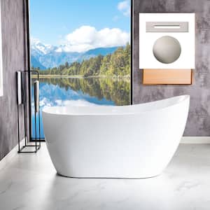 Sens 54 in. Acrylic FlatBottom Single Slipper Bathtub with Brushed Nickel Overflow and Drain Included in White