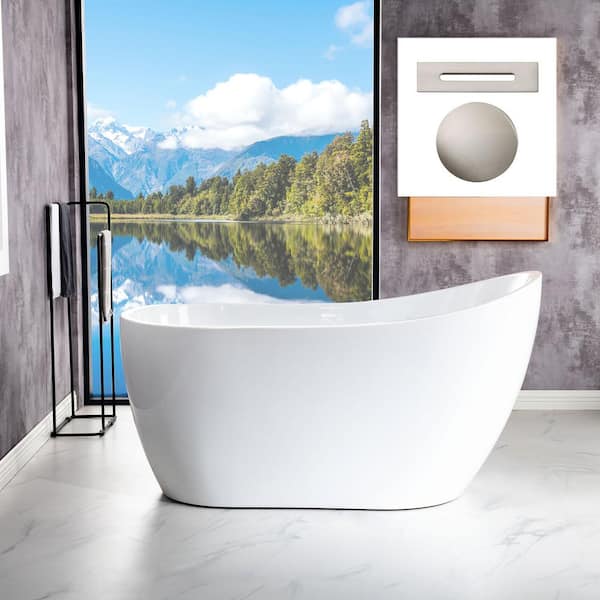 WOODBRIDGE Sens 54 in. Acrylic FlatBottom Single Slipper Bathtub with Brushed Nickel Overflow and Drain Included in White