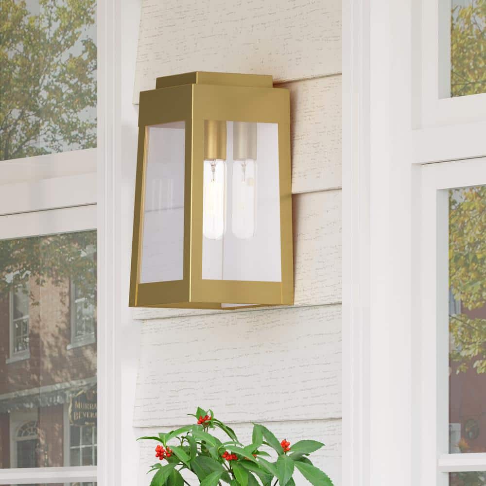 Satin Brass and Clear Glass Modern Industrial Outdoor Lantern