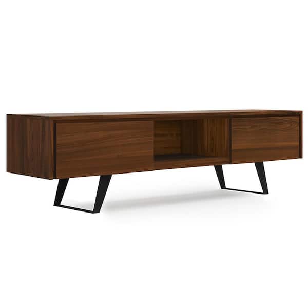 Simpli Home Lowry 72 in. Wide Modern Industrial TV Media Stand in Walnut Fits TVs up to 80 in.
