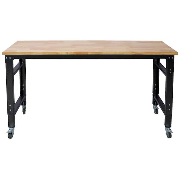 60 in. W x 20 in. D Wide Rolling Workbenches, Adjustable Height, Work Table Bench, Metal with Rubber Wood Top, Black