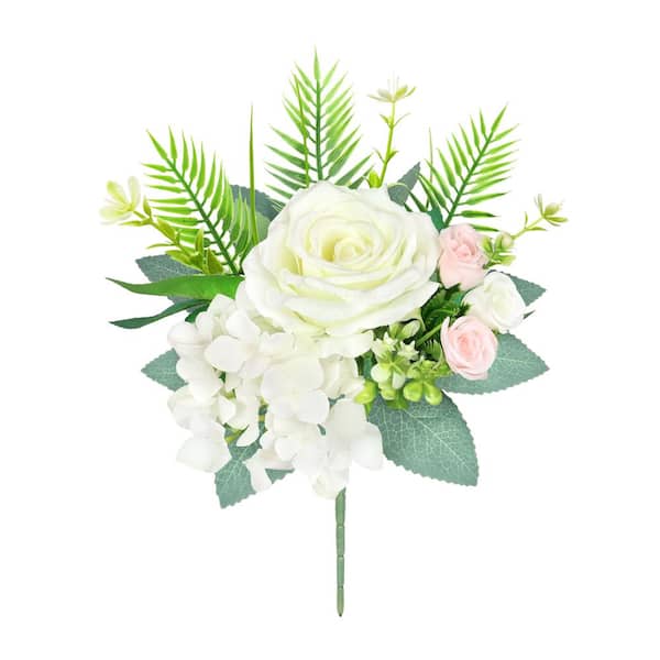 LIVING LUXURY 11 in. Cream White Artificial Delicate Mixed Rose Hydrangea Flower Stem Bush Bouquet (Set of 4)