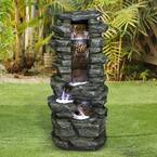 31 in. Resin Tiered Showering Garden Waterfall with LED Outdoor Fountains for Garden, Gray