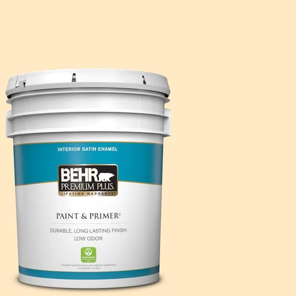 BEHR PREMIUM PLUS 5 gal. #P250-1 Papaya Sorbet Satin Enamel Low Odor Interior Paint & Primer