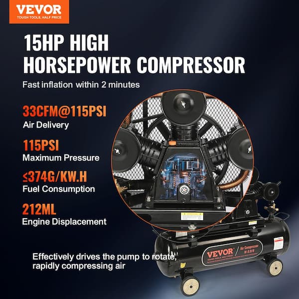 30 Gal. Gas Powered Air Compressor 15 HP 33CFM@115PSI Air Compressor Tank with Wheels Piston Pump for Construction Sites
