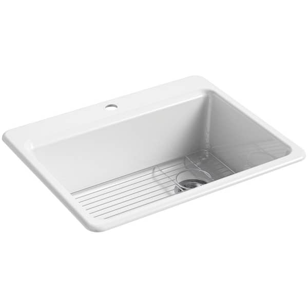 KOHLER Riverby Drop-In Cast Iron 27 in. 1-Hole Single Bowl Kitchen Sink in White with Stainless Basin Rack