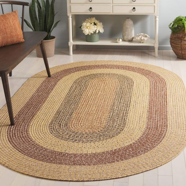 Braided Beige/Brown 4 ft. x 6 ft. Machine Washable Solid Striped Border Oval Area Rug