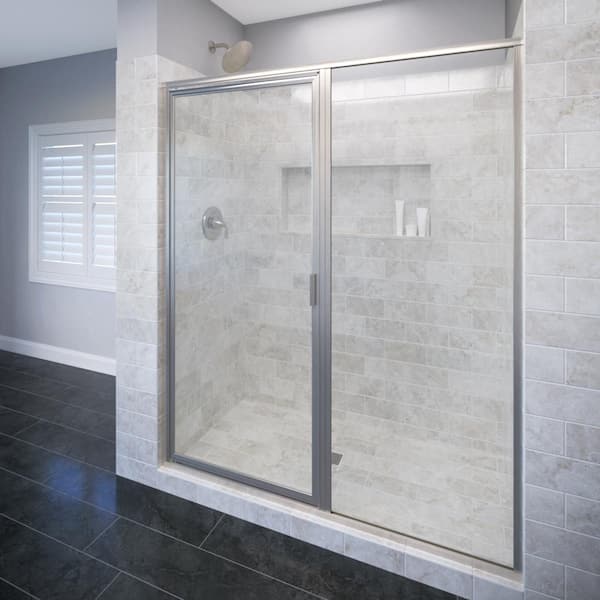Basco Deluxe 47 in. x 72-1/8 in. Framed Pivot Shower Door in Brushed Nickel with AquaGlideXP Clear Glass