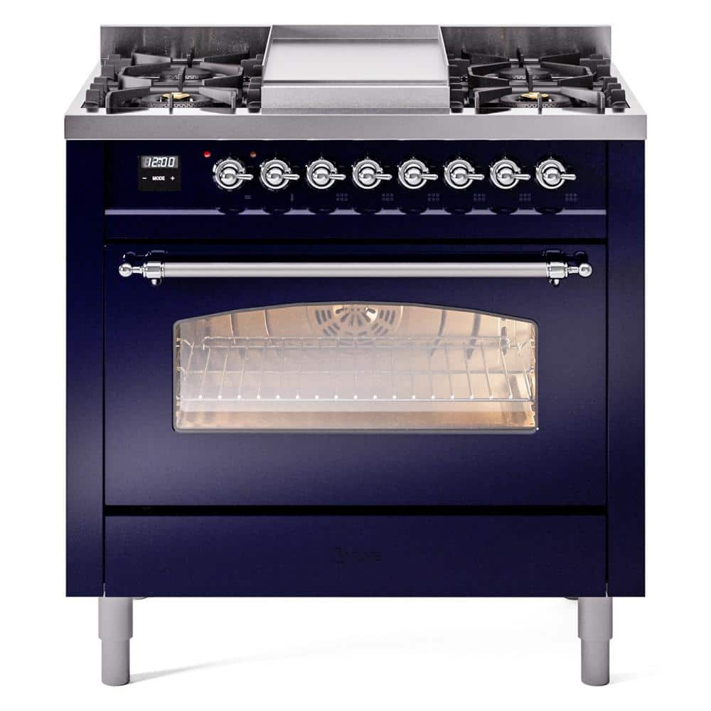 Nostalgie II 36 in. 6 Burner+Griddle Freestanding Dual Fuel Liquid Propane Range in Midnight Blue with Chrome Trim -  ILVE, UP36FNMPMBCLP