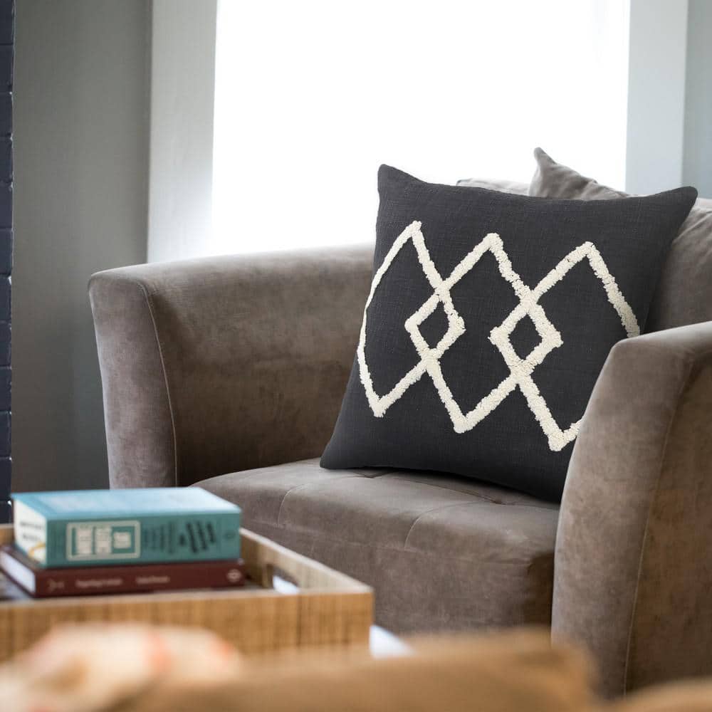 Black and White Tufted Diamond Geometric Throw Pillow, 20" x 20"
