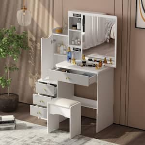 Gray Wood Sliding Big Mirror Makeup Vanity Sets Dresser Table Sets With Storage Shelves, 4-Drawers and Stool