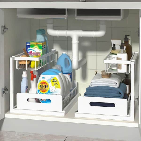 2-Pieces Sliding Under Sink Storage Dish Rack, Metal Pull‑Out Drawer for Kitchen Cabinet Organization in White
