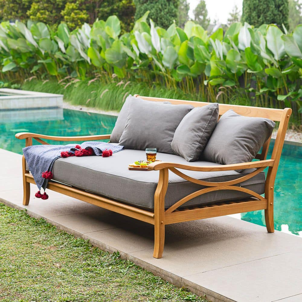 Kinsley Premium Indonesia Teak Wood Outdoor Sofa Day Bed with Gray Cushion