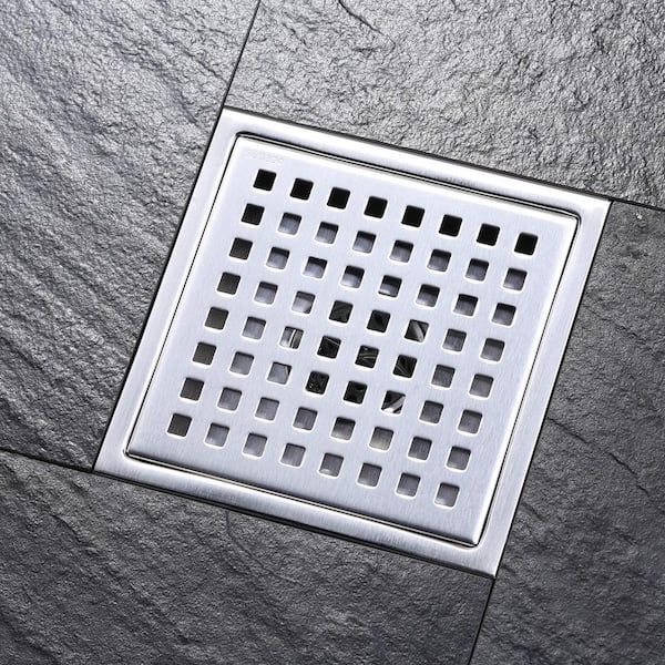 WOWOW Square Shower Drain 6 inch Brushed Nickel Floor Drain with Tile Insert Grate 304 Stainless Steel with Hair Strainer