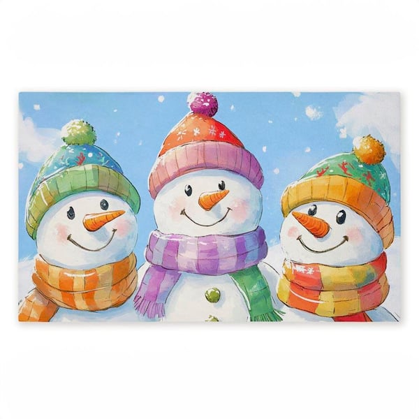 Happy Snowmen Trio Blue 18 in. x 30 in. Polyester Non-Slip Outdoor Door Mat