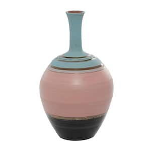 15 in. Pink Ceramic Decorative Vase with Blue Tops