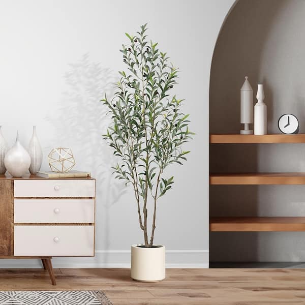 7 ft. Large Indoor Artificial Olive Tree in Pot with White Pot