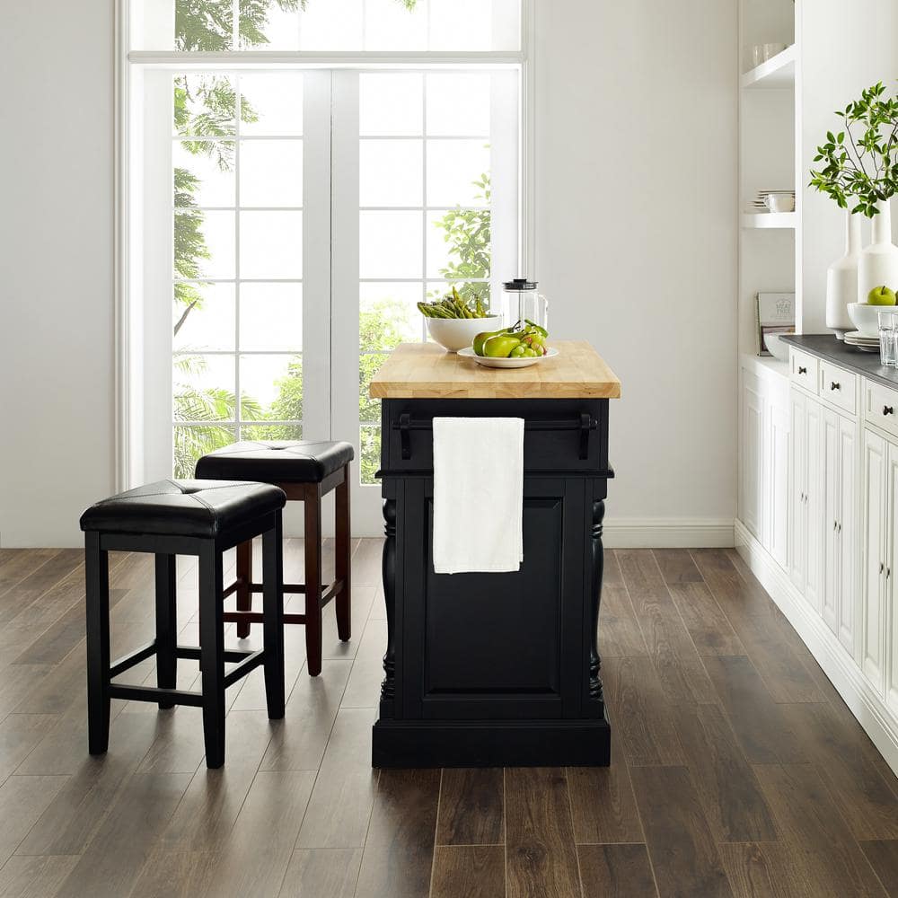 Oxford Black Butcher Block Kitchen Island with Cushioned Stools
