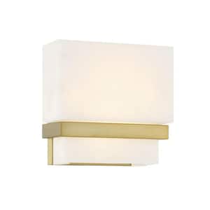 Arzon 1-Light Soft Brass Dimmable LED Wall Sconce with White Faux Alabaster Shade