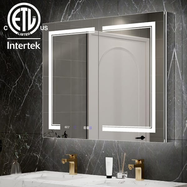 40 in. W x 32 in. H Large Rectangular Silver LED Defogged Aluminum Recessed/Surface Mount Medicine Cabinet with Mirror